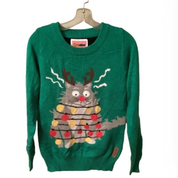 TIPSY ELVES SZ SMALL UGLY CHRISTMAS SWEATER ELECTROCUTED CAT - Picture 3 of 8